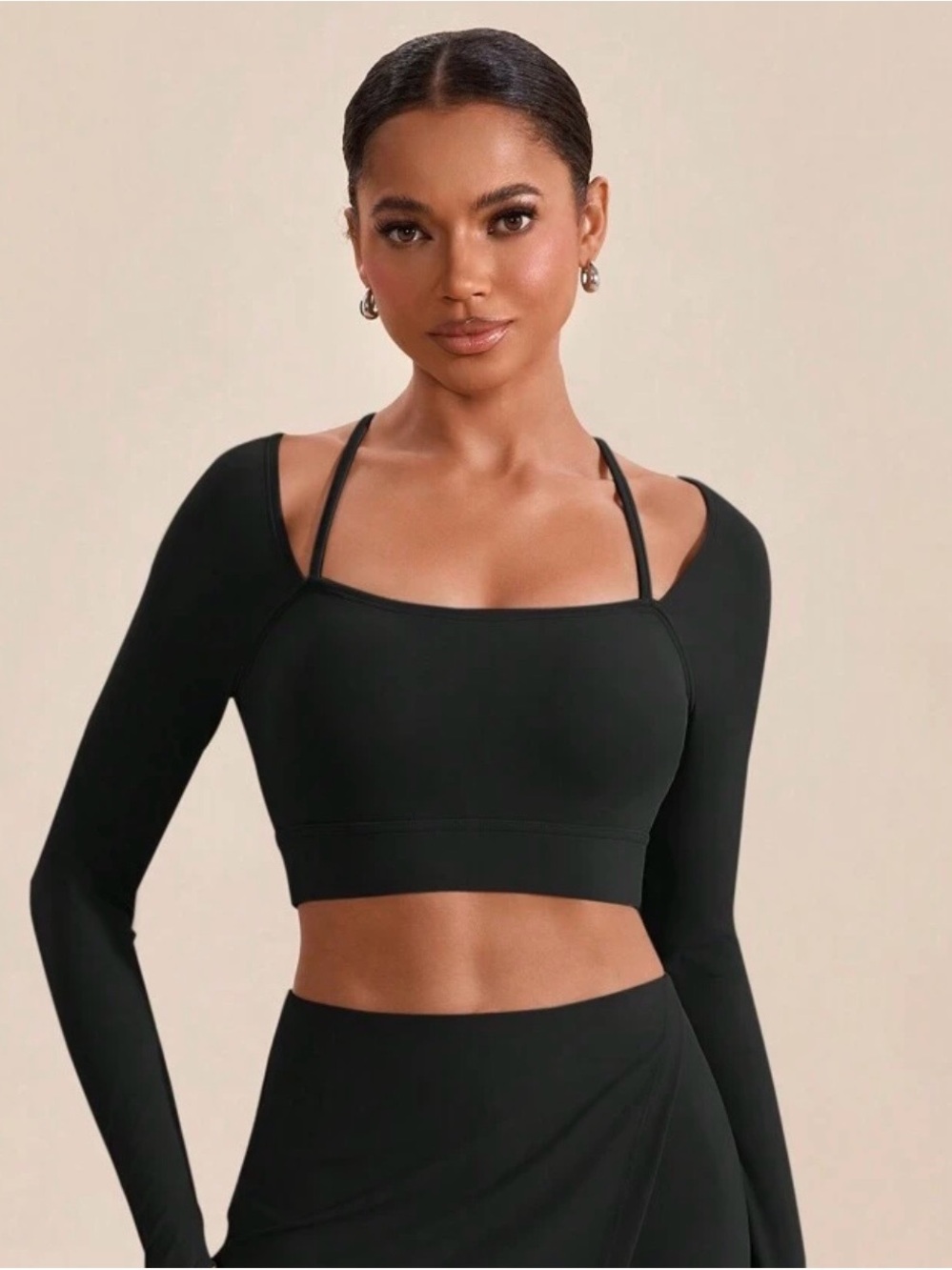 Square Neck Black Long Sleeve Crop Top